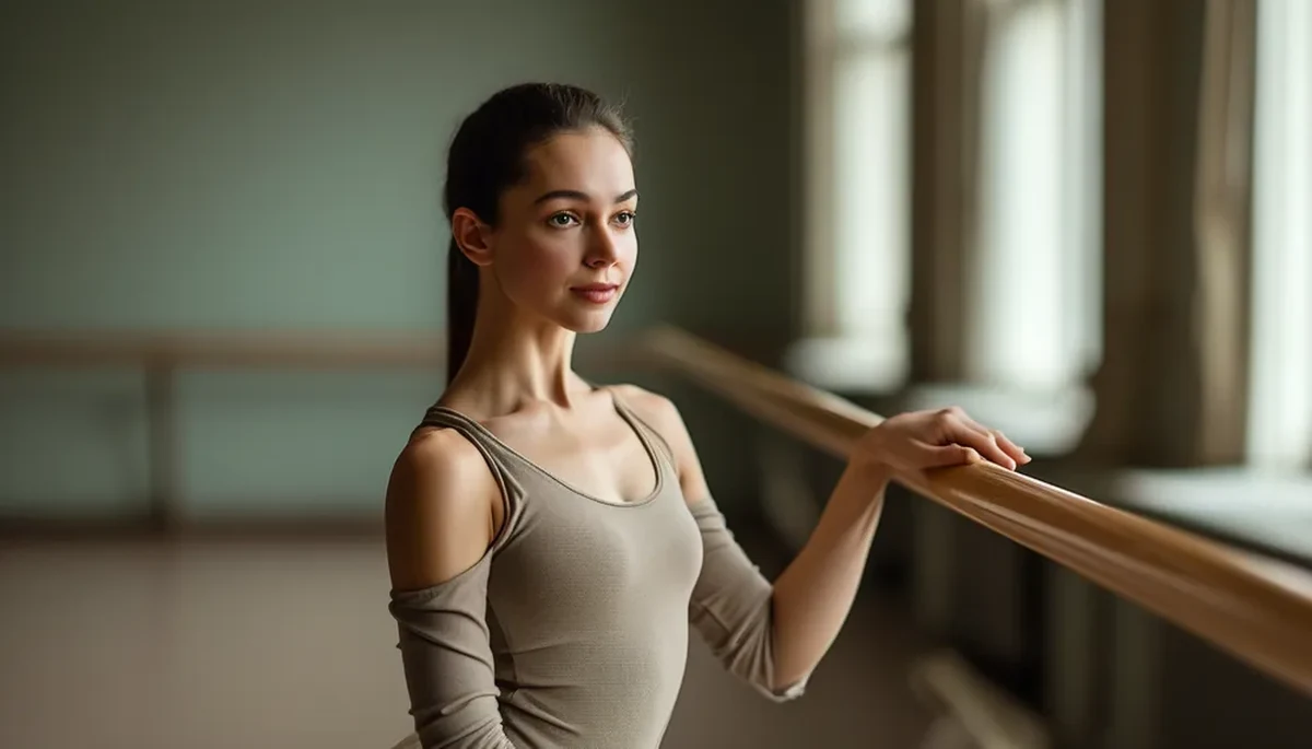 Woman holding a ballet barre doing a plie