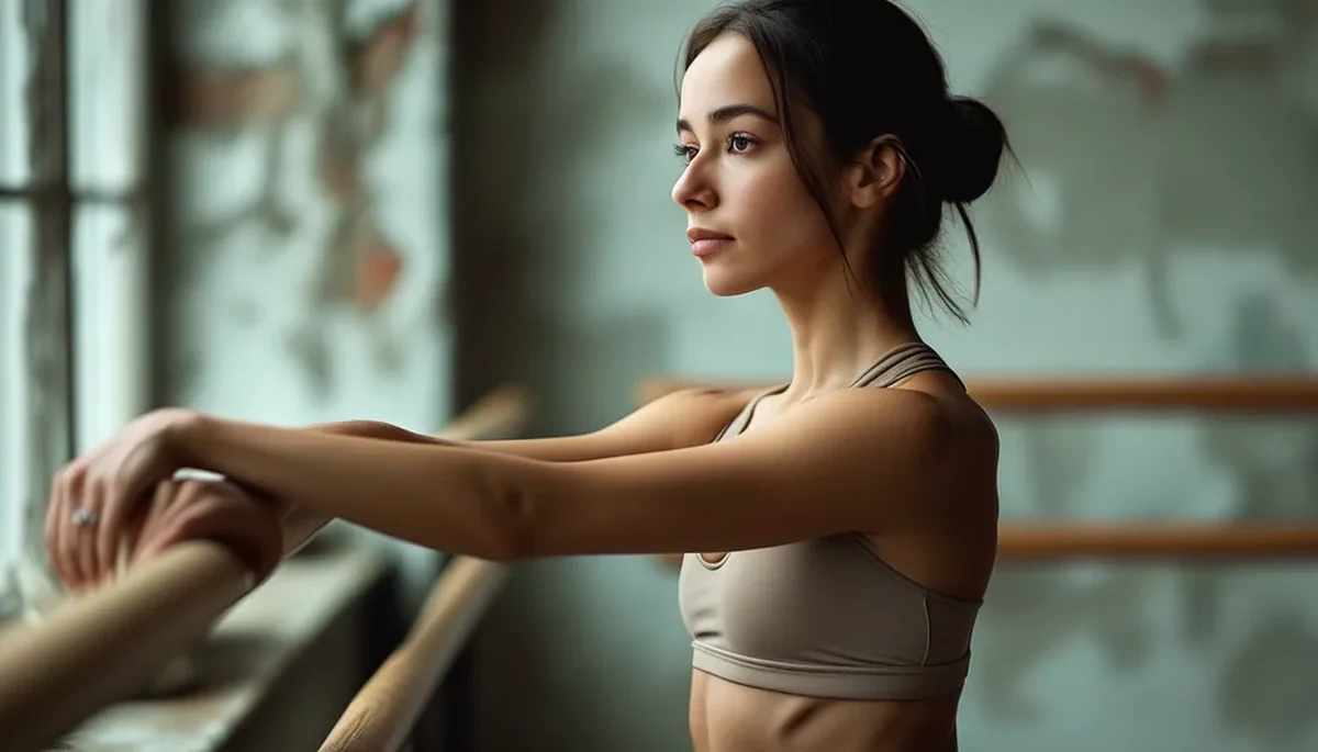 Woman stretching at a ballet barre with long posture